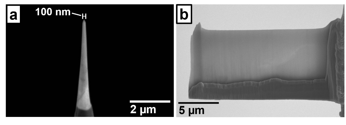(a) Atom Probe Needle and (b) TEM Lamella (thinned to electron transparency) prepared from neutron irradiated RPV steel